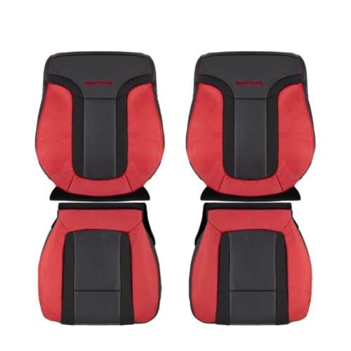 ford-raptor-cuir-et-tissu-authentiques-avec-empiècements-en-cuir-synthétique-perforé-2010-2014-2-tons-noir-rouge-brique-conducteur-et-passager-haut-et-bas-housse-de-siège-de-remplacement-OEM Ford F-150 Raptor 2010-2014 - Housse de siège de remplacement OEM
