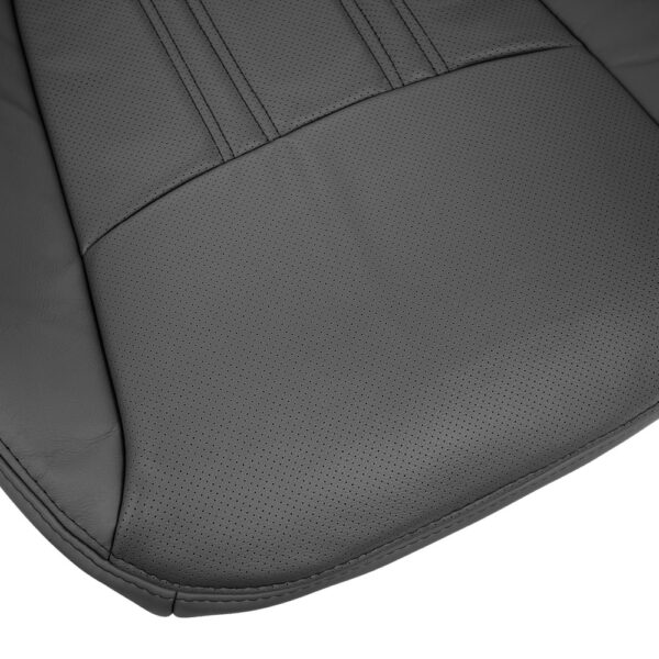 Kia Sorento, cuero genuino perforado, 2014-2015, negro, conductor o pasajero, vista cercana de la parte inferior, funda de asiento de repuesto OEM. Kia Sorento 2014-2015 | Funda de asiento de recambio OEM