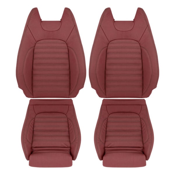 Mercedes-Benz C300 Coupé, cuero genuino perforado, 2015-2021, color arándano, costuras negras, conductor y pasajero, parte superior e inferior, funda de asiento de repuesto OEM. Mercedes-Benz C300 Coupé 2015-2021 | Funda de asiento de repuesto OEM