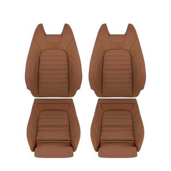 Mercedes-Benz C350, cuero perforado, 2015-2021, marrón silla de montar, conductor y pasajero, parte superior e inferior, funda de asiento de repuesto OEM. Mercedes-Benz C300 Coupé 2015-2021 | Funda de asiento de repuesto OEM